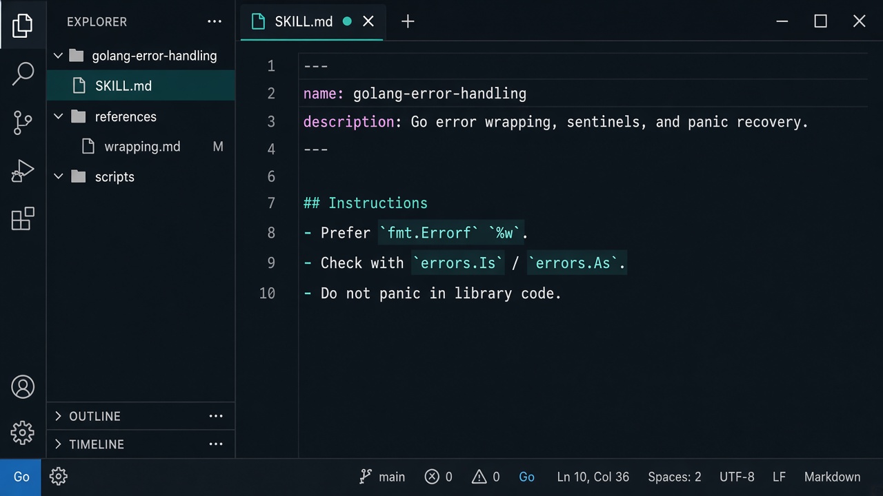 A SKILL.md open in an editor: frontmatter for when to load it, markdown for what to do